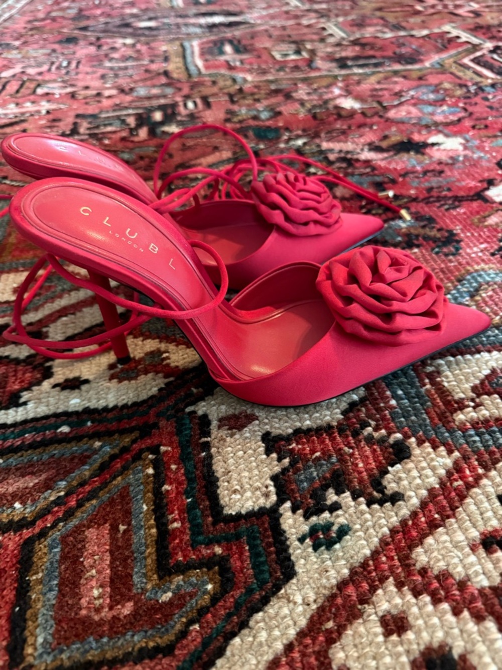 Red Pointed Toe Rose-Embellished Slingback Heels